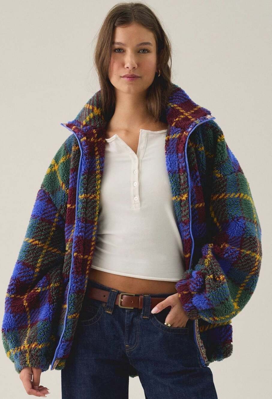 Urban Outfitters Plaid Teddy Fleece Zip Jacket Size Small Nwt - Picture 3 of 5